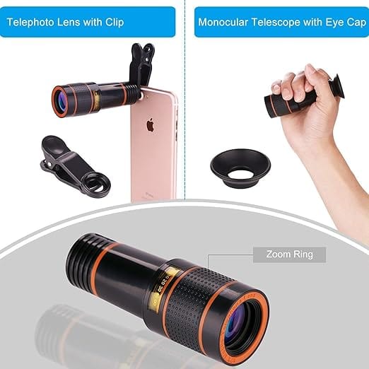 Mono Cular Telescope Lens Vision Monocular Telescope Binoculars - 12x HD Optical Zoom Camera Telescope Lens - Large - Phone Telescope Lens