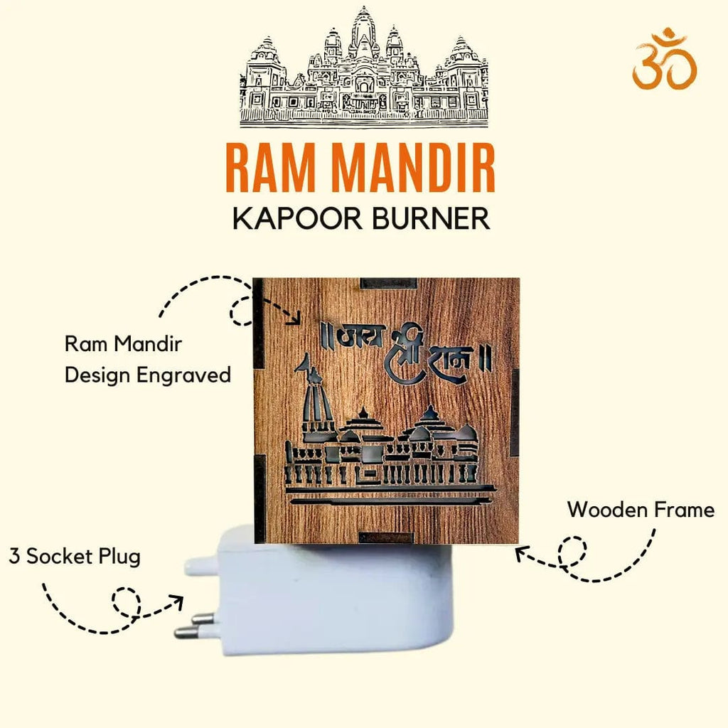 Ram Mandir Kapoor Burner | Ayodhya Ram Mandir Wooden Temple Kapoor Dani Camphor Diffuser - Pack of 1 - 3-in-1 Ayodhya Ram Mandir Electric Aroma Burner & Night lamp
