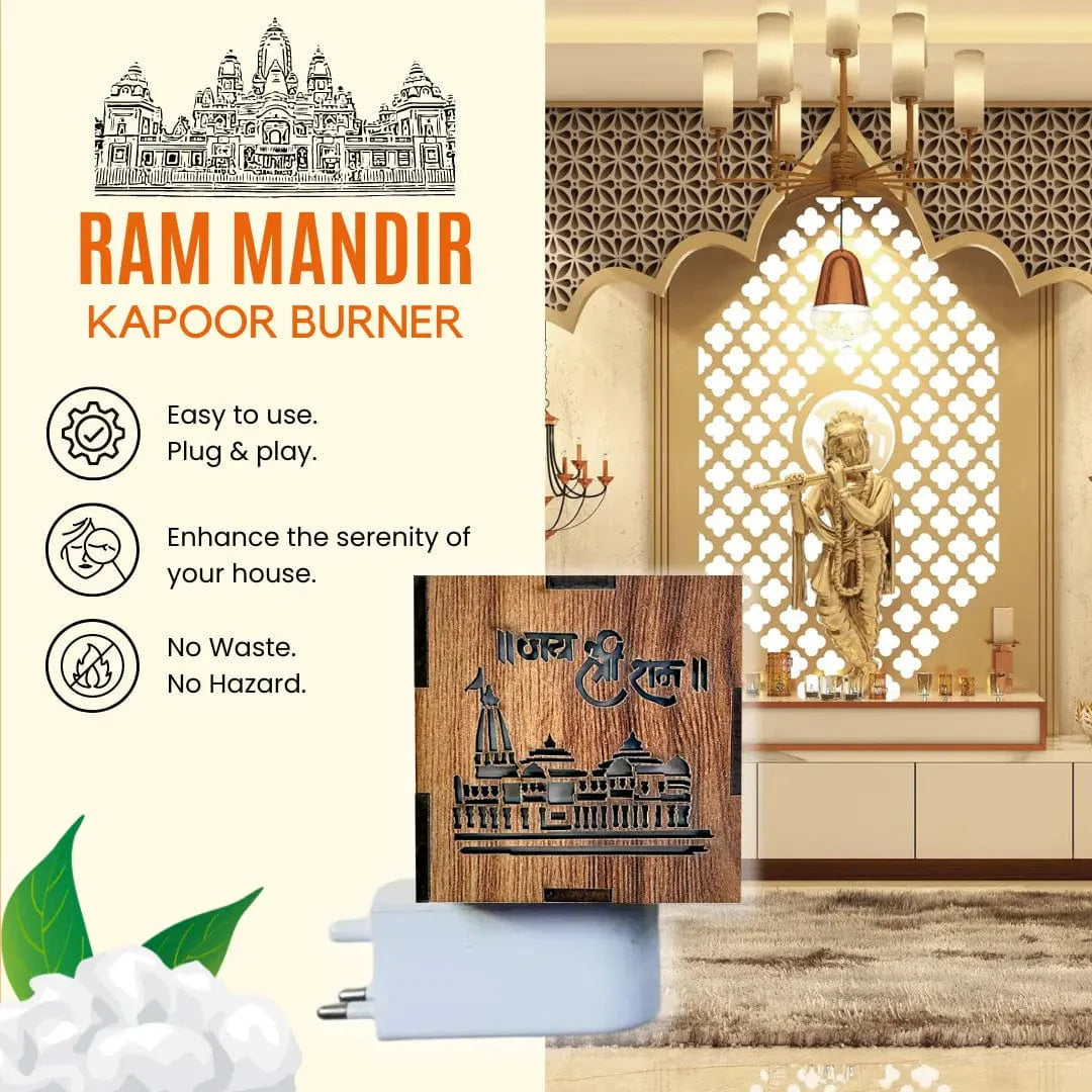 Ram Mandir Kapoor Burner | Ayodhya Ram Mandir Wooden Temple Kapoor Dani Camphor Diffuser - Pack of 1 - 3-in-1 Ayodhya Ram Mandir Electric Aroma Burner & Night lamp